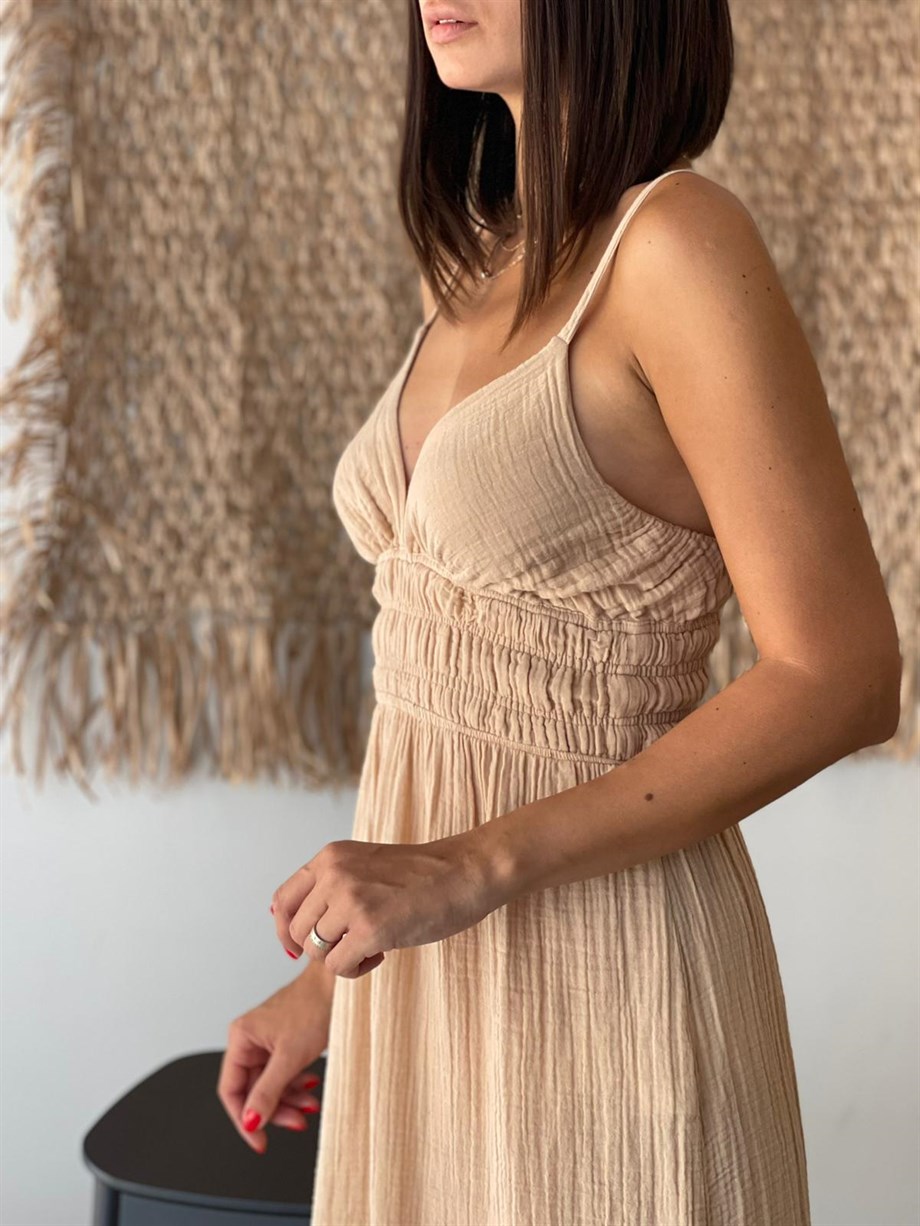 TALEMA İP ASKILI KOYU BEJ MÜSLİN ELBİSE