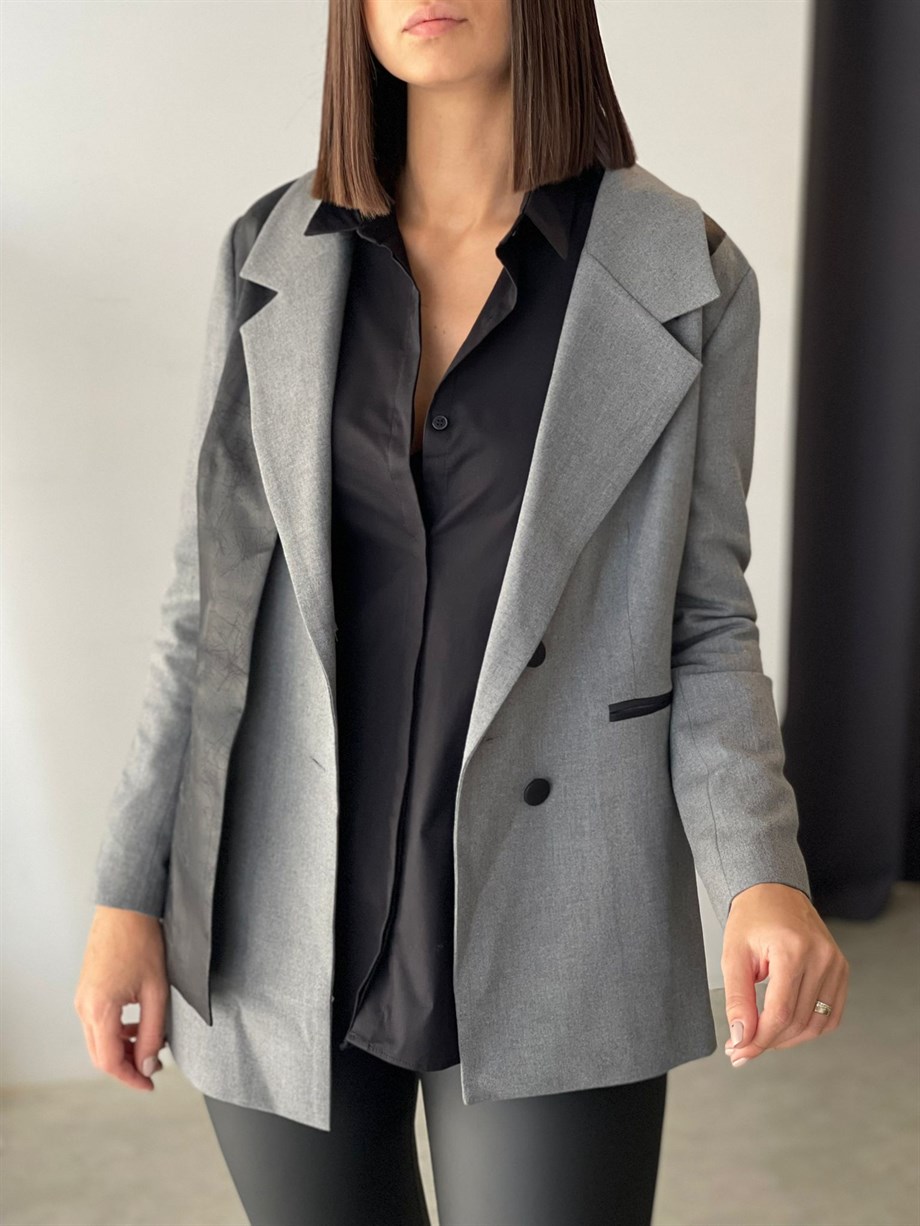 TAYLOR GRİ DERİ DETAYLI BLAZER