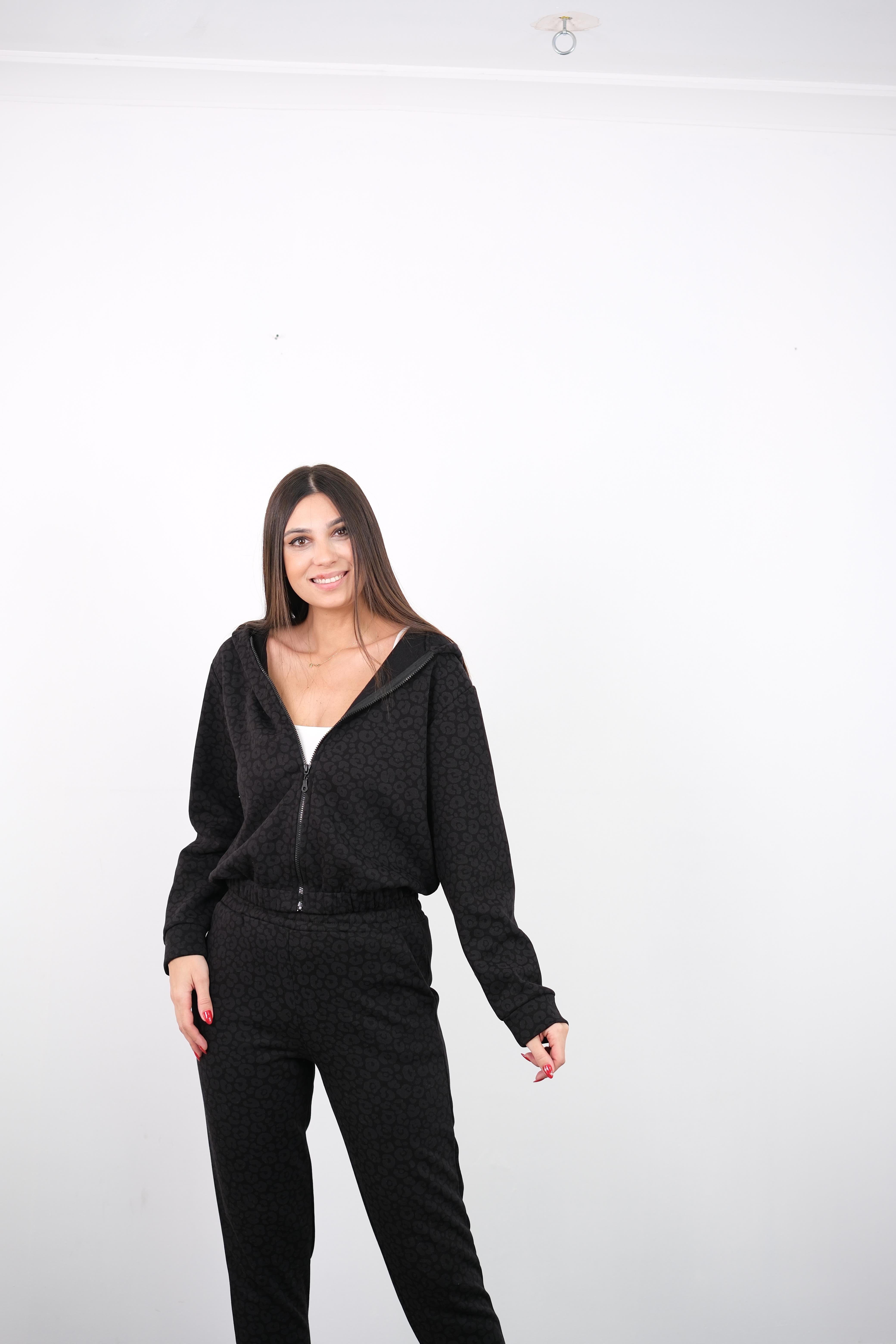 TİLA LEOPAR DESEN SİYAH EŞOFMAN TAKIMI