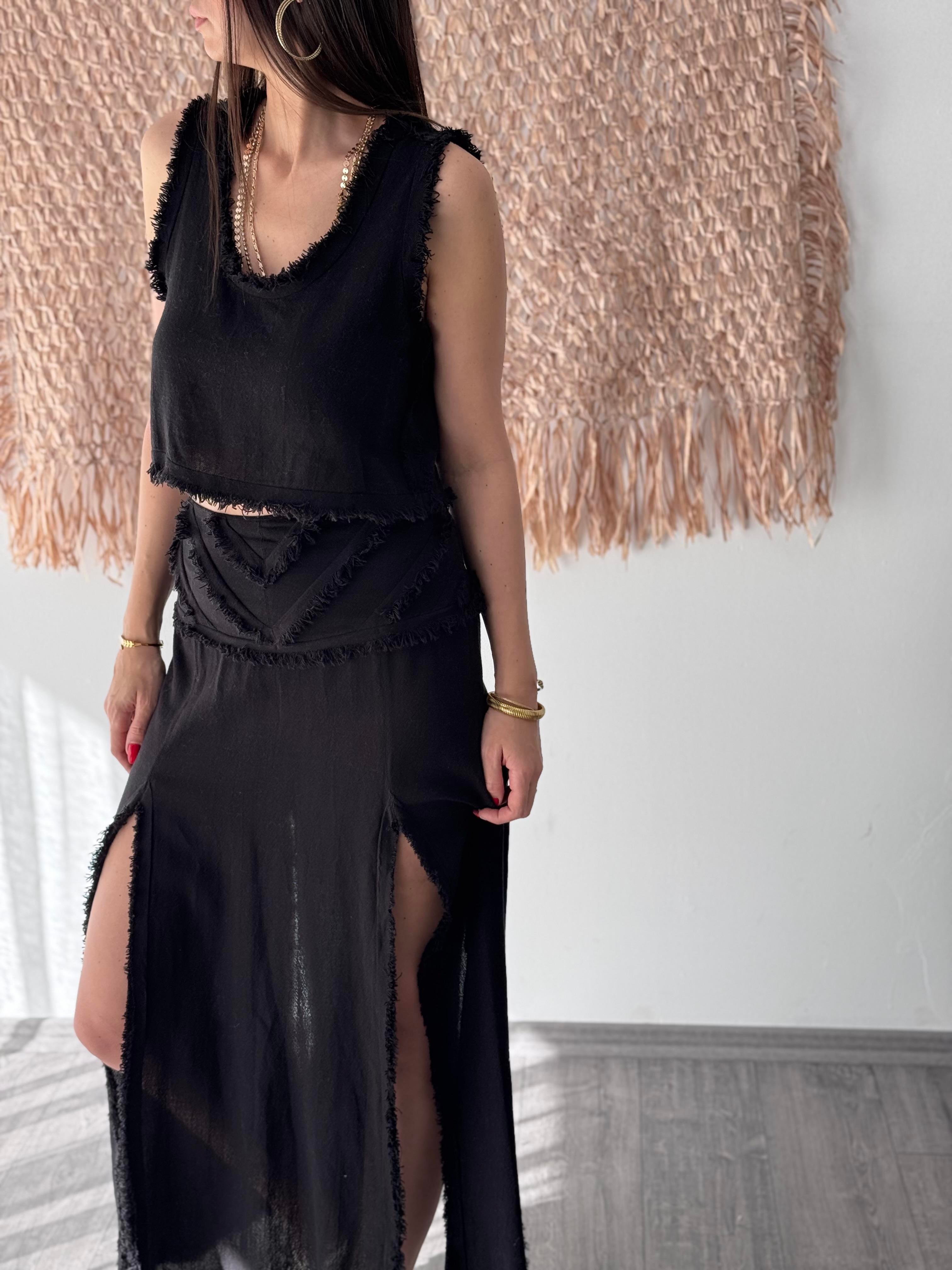 TİNOS YIRTMAÇLI PÜSKÜL SİYAH ETEK