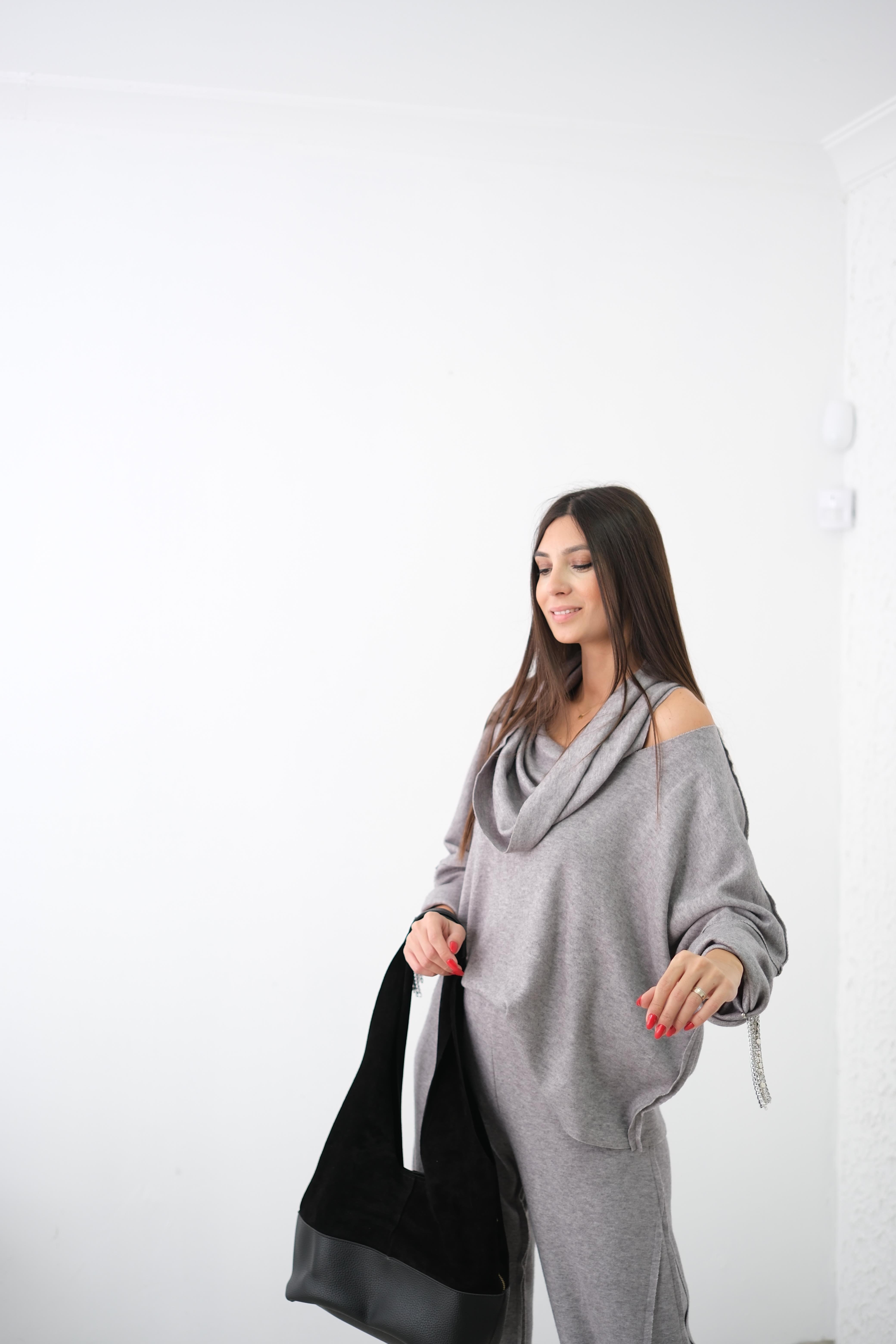 TOLLY KOL DETAYLI GRİ TRİKO BLUZ