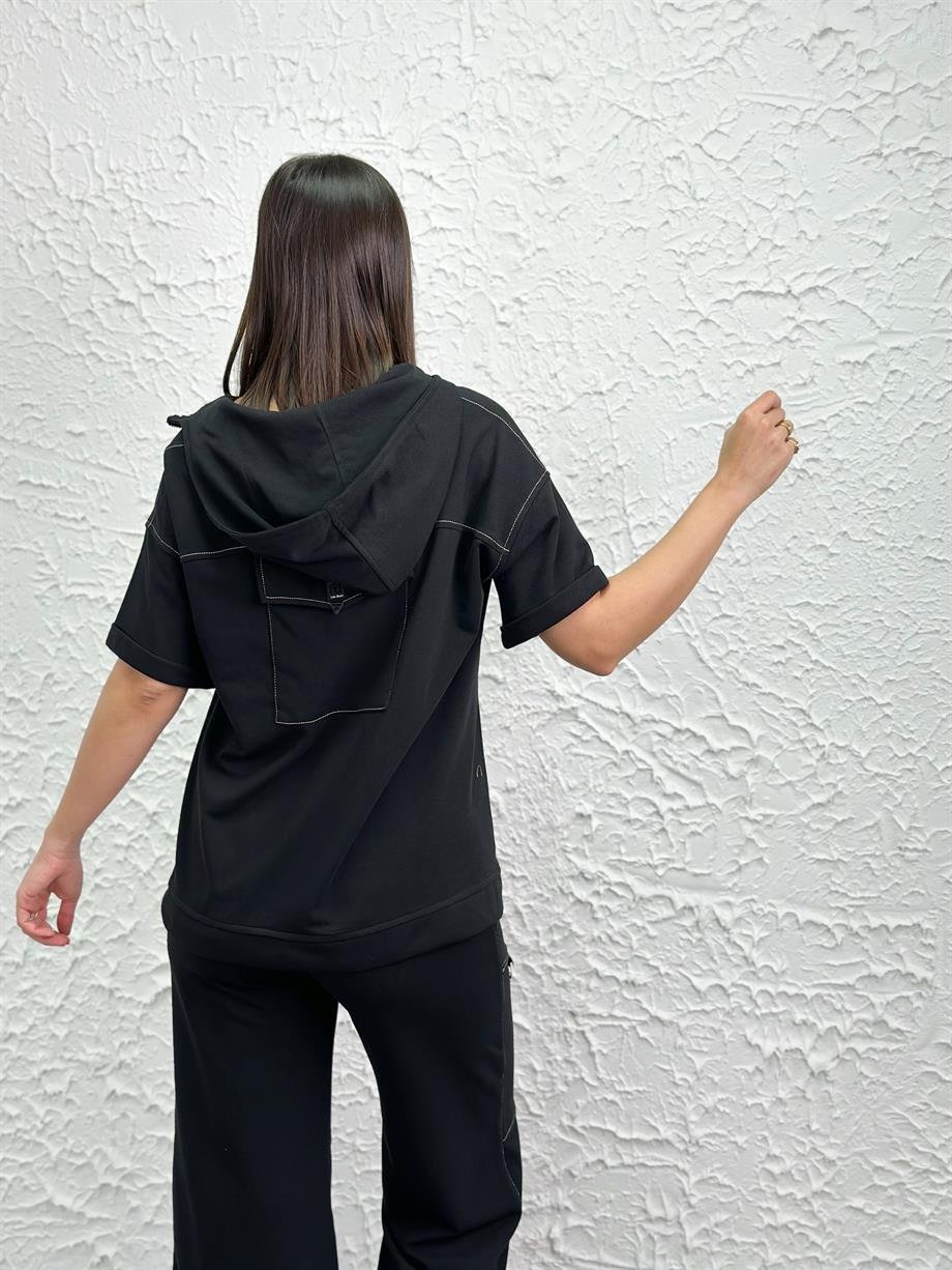 VEGA KAPŞONLU SİYAH SWEATSHIRT