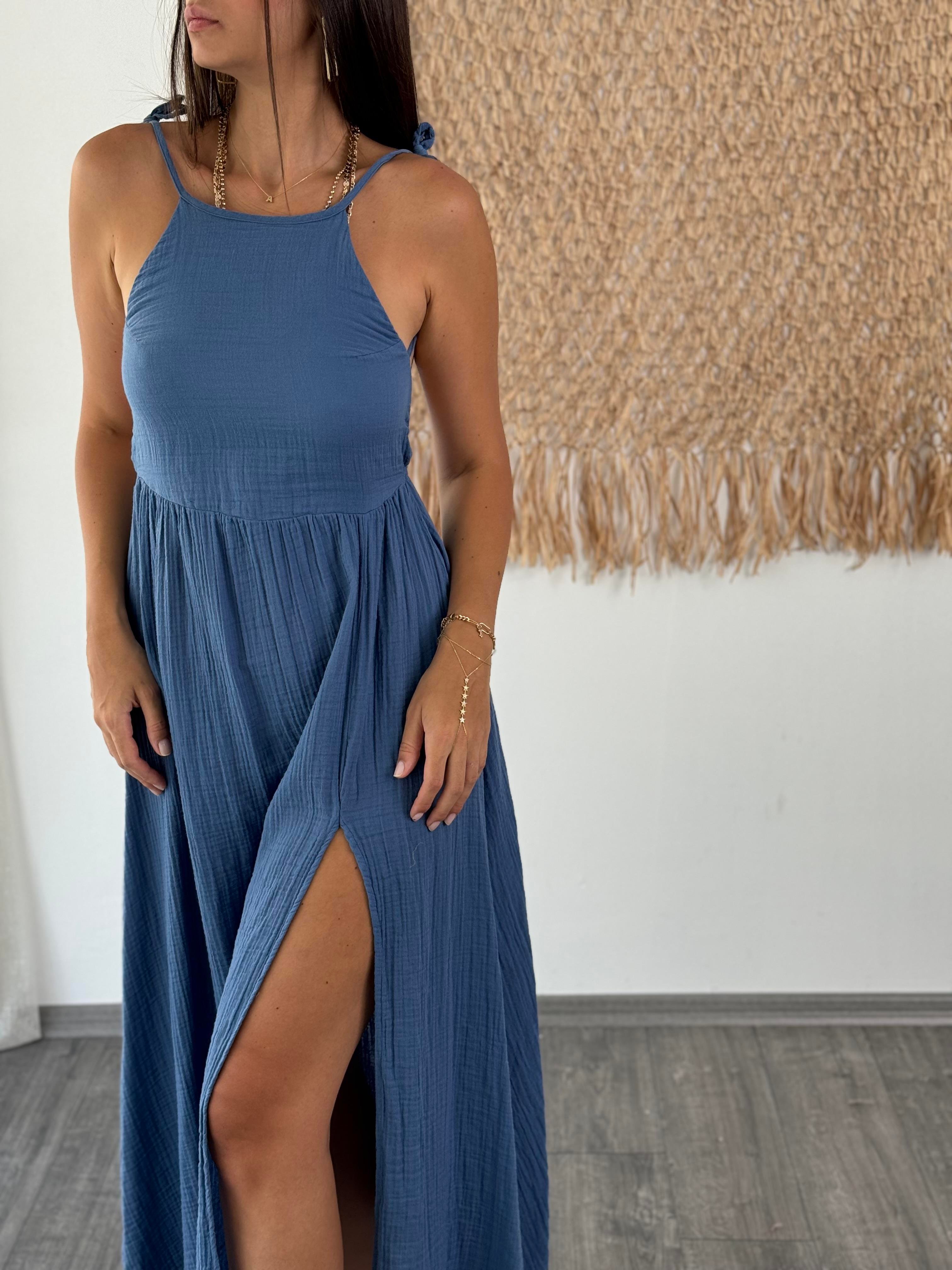 VERA OMUZ BAĞLAMALI İNDİGO ELBİSE