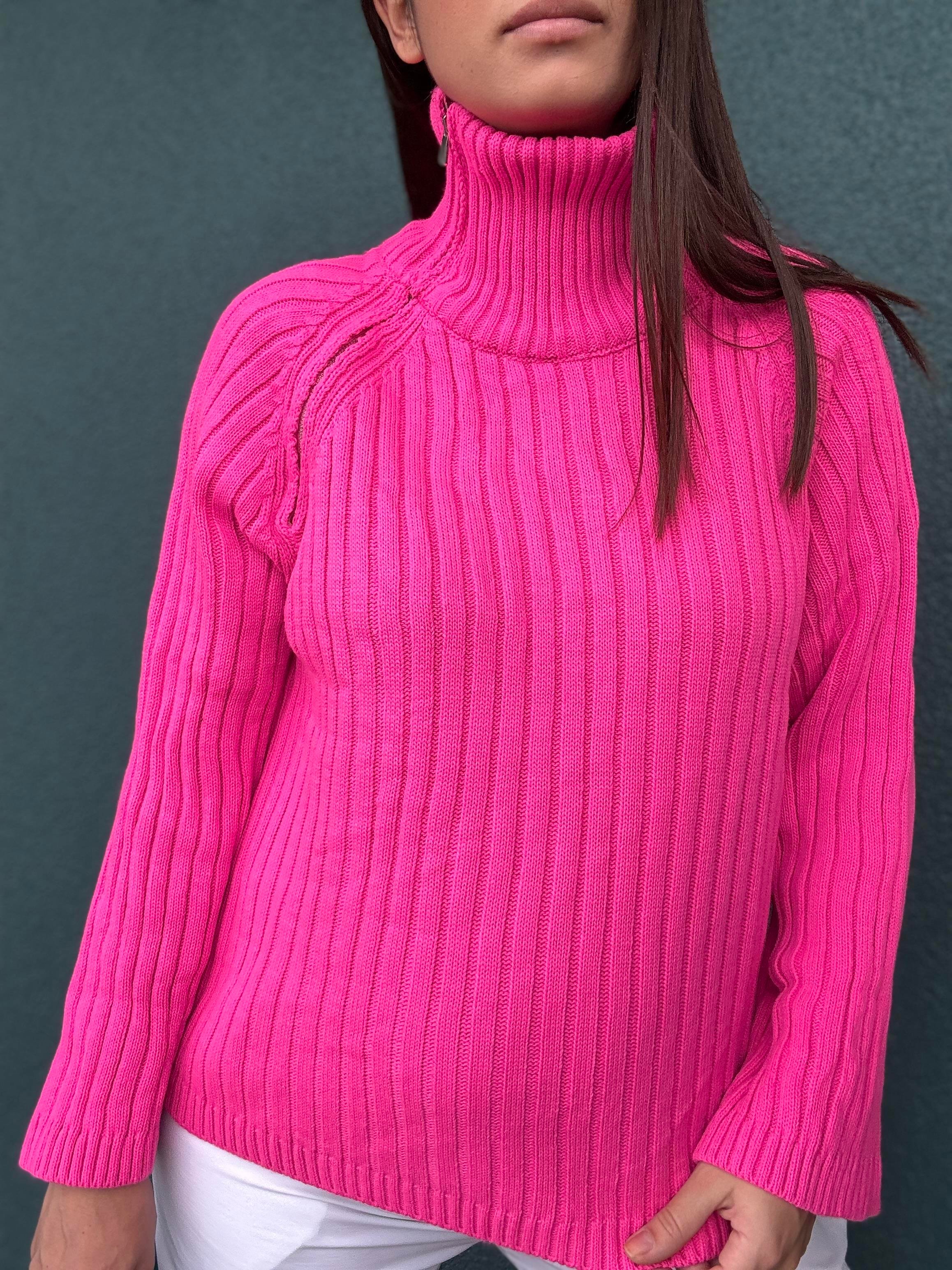 VİEGO OMUZ FERMUARLI NEON PEMBE KAZAK