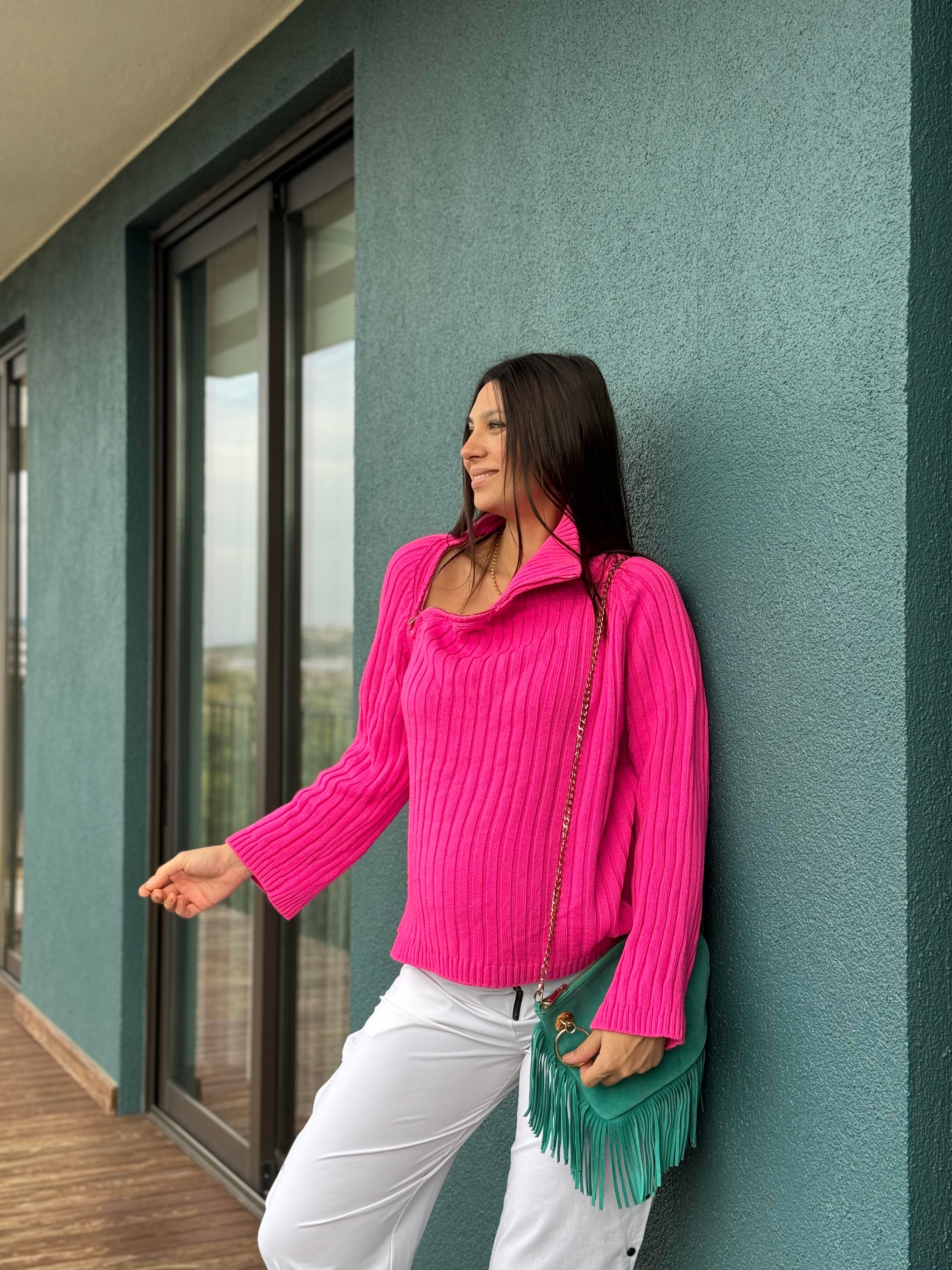 VİEGO OMUZ FERMUARLI NEON PEMBE KAZAK