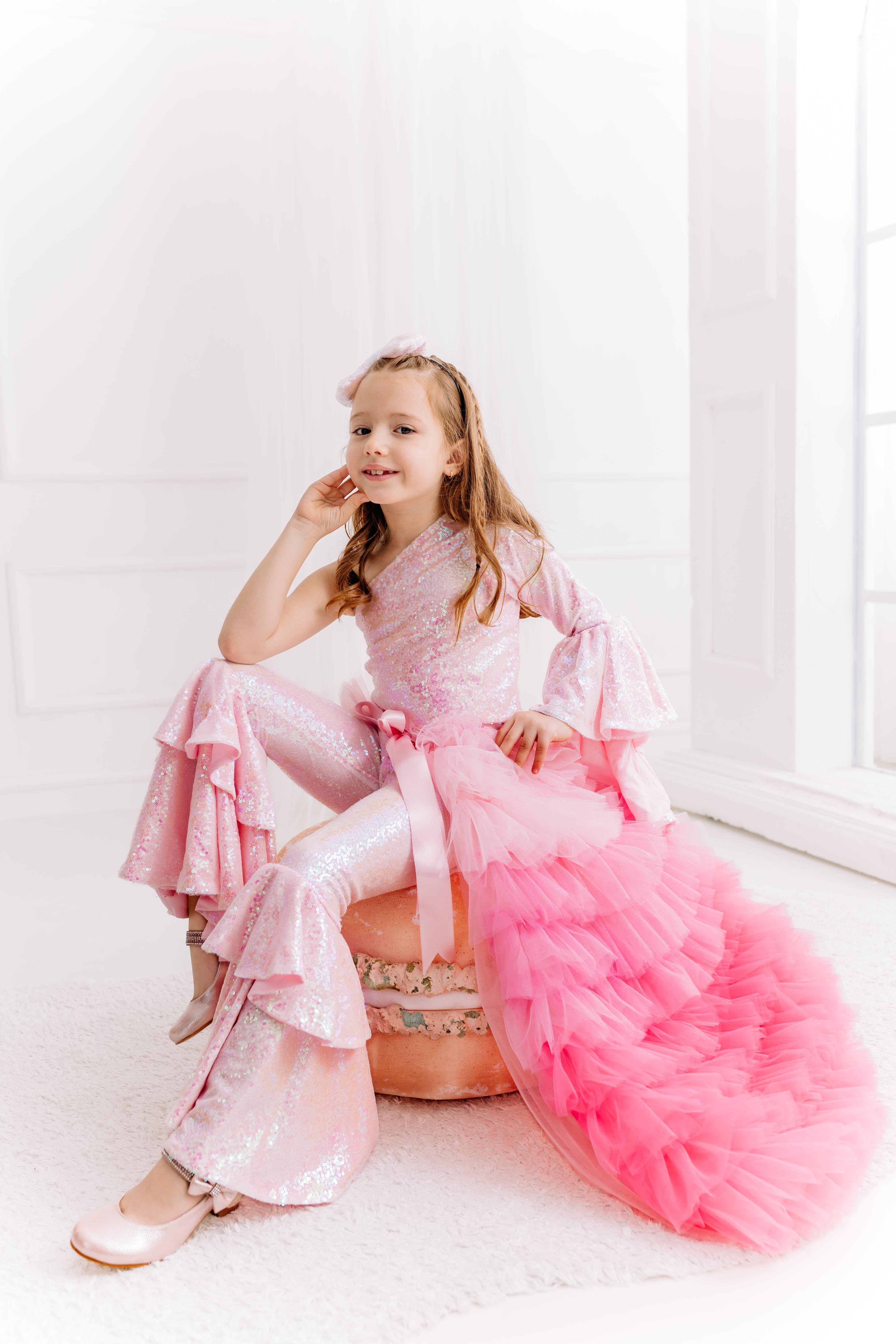 PINK ONE SHOULDER CROP AND FRILL TROUSERS  OUTFIT (TAM SET)