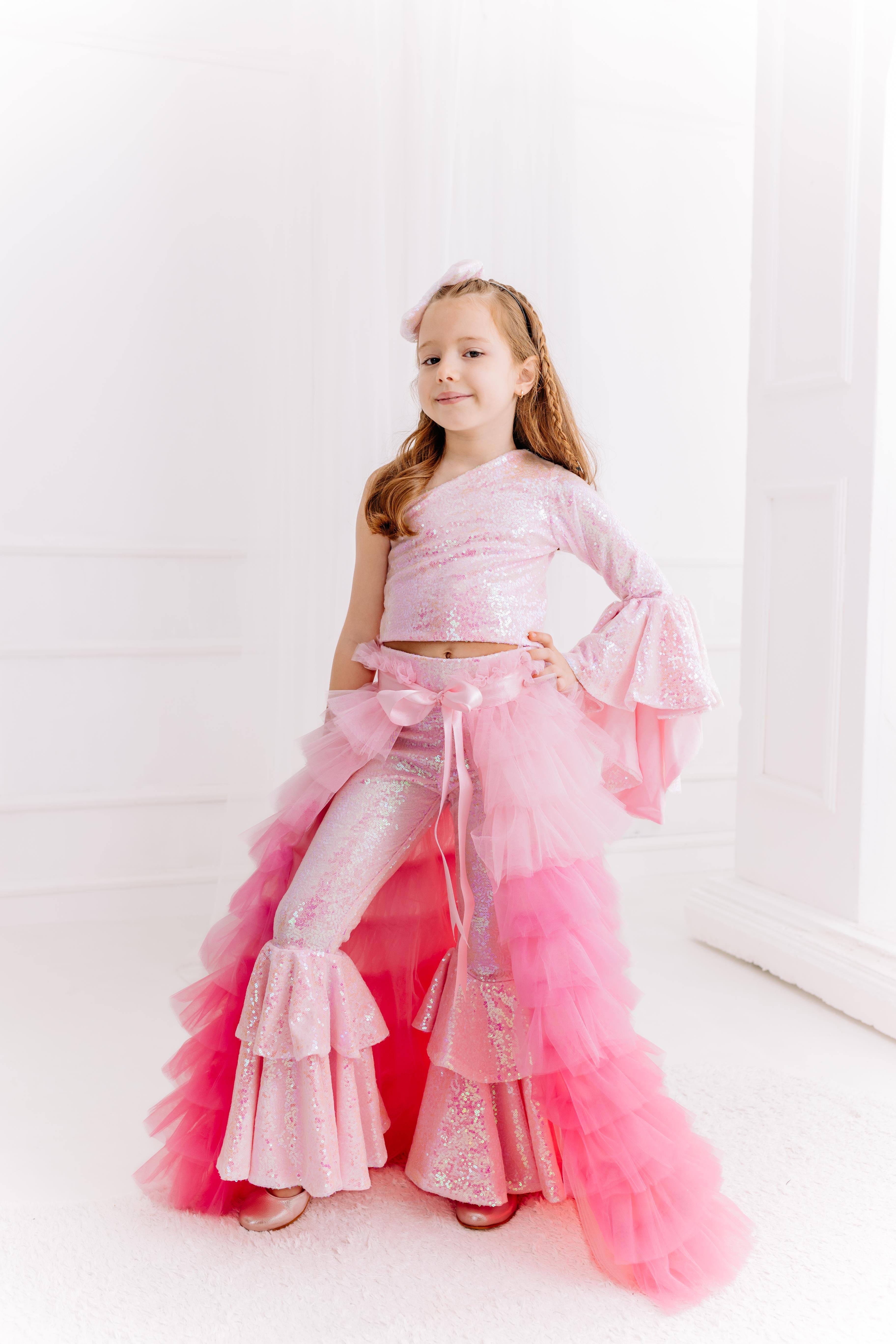 PINK ONE SHOULDER CROP AND FRILL TROUSERS  OUTFIT (TAM SET)