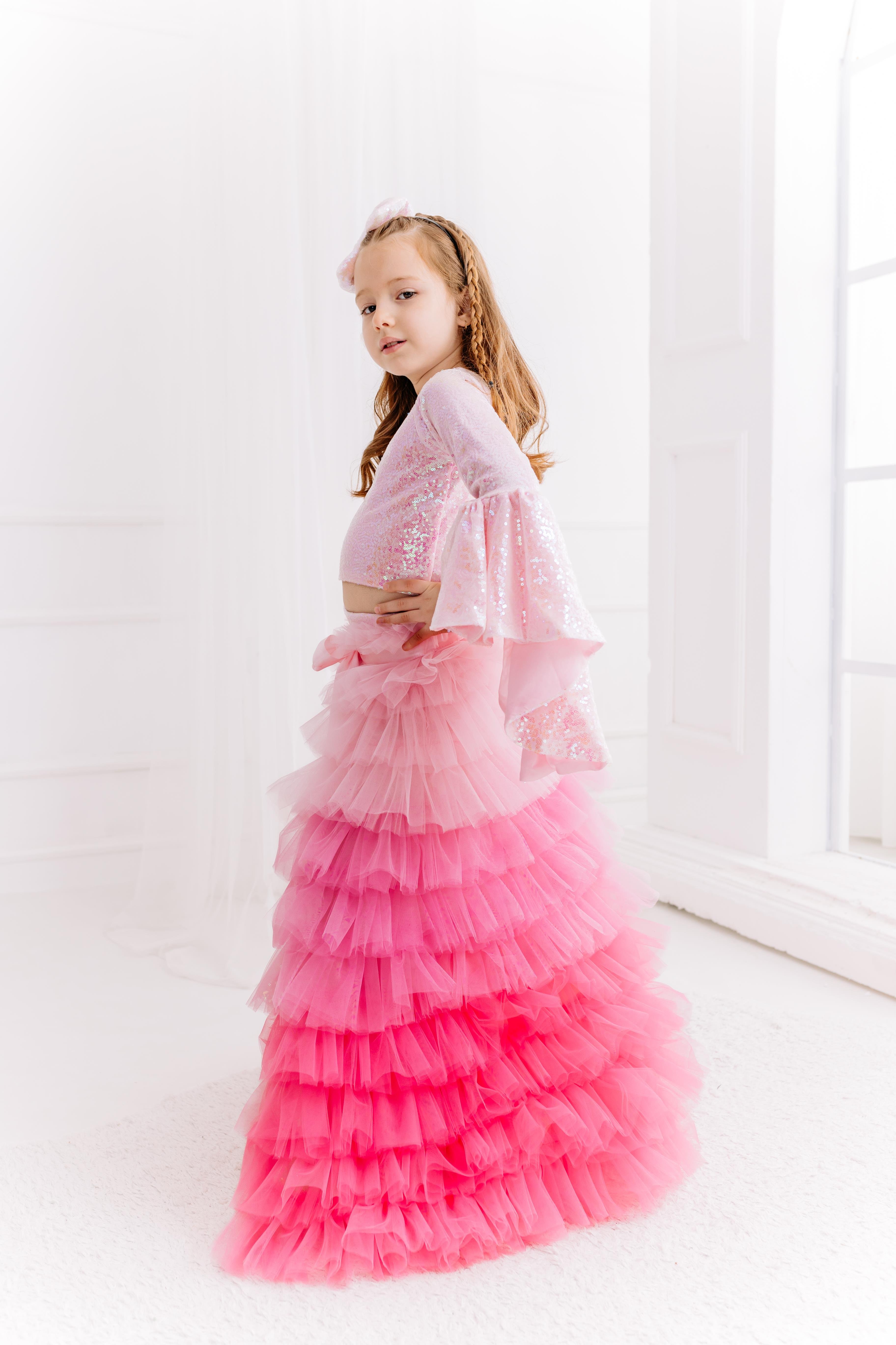 PINK ONE SHOULDER CROP AND FRILL TROUSERS  OUTFIT (TAM SET)