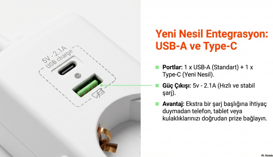 Mutlusan Ri-Tech Altılı Usb+Type-C Grup Priz Ç.K 2 MT 0011756501020200Priz & Anahtar Çeşitleri