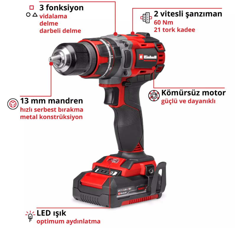 Einhell TP-CD 18/60 Lİ-İ BL Kit 1*2.0AH Akülü Darbeli Vidalama 4514211Alçıpan Vidalamalar
