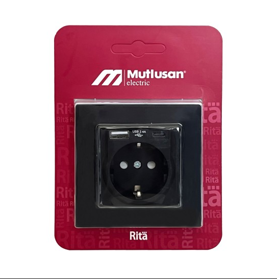 Mutlusan Rita Topraklı Priz Usb+Type-C Siyah 22206290284Priz & Anahtar Çeşitleri