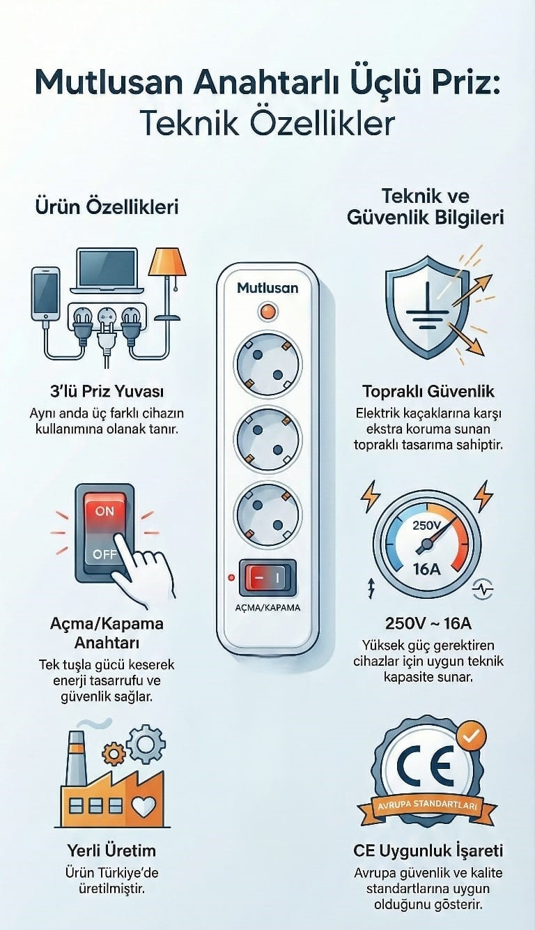 Mutlusan Anahtarlı Üçlü Fiş-Priz Düz Tip 001170033004Priz & Anahtar Çeşitleri