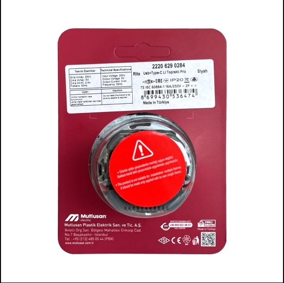Mutlusan Rita Topraklı Priz Usb+Type-C Siyah 22206290284Priz & Anahtar Çeşitleri