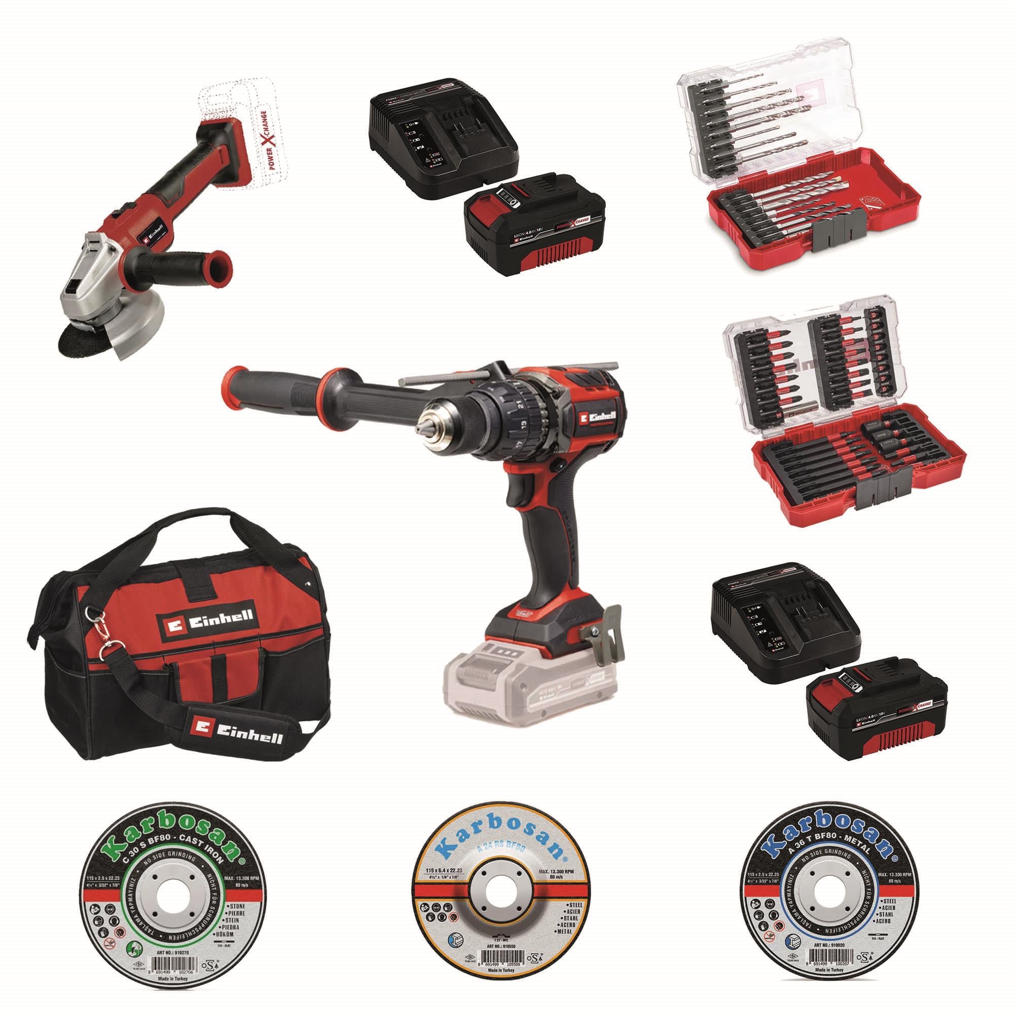 Einhell 18V Professional  Darbeli Matkap, Taşlama & Tam Aksesuar Seti + Çanta 2x4,0ah Akü + Şarj CihazıAkülü Darbeli Matkaplar