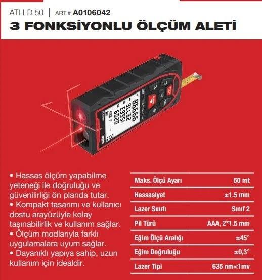 Attlas ATLLD 50 3 Fonksiyonlu Dijital Lazermetre Ölçüm AletiLazer Metreler