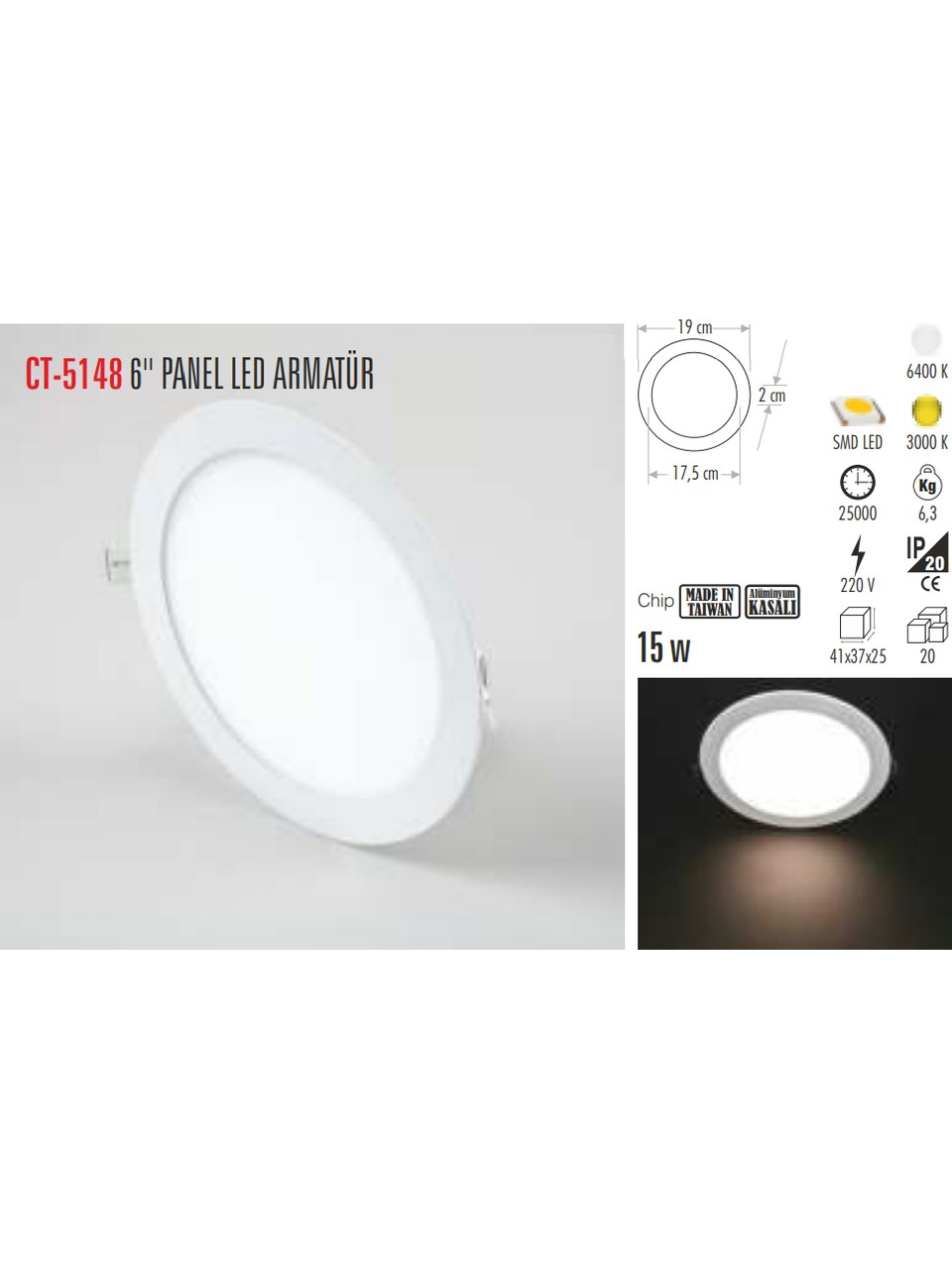 Cata Slim Led Panel S/A Yuvarlak 15W Beyaz CT-5148BLed Panel Armatürler
