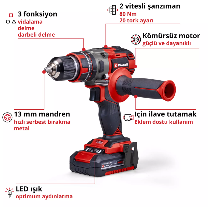 Einhell Tp-Cd 18/80 Lİ-İ BL 2*2,0Ah Akülü Darbeli Vidalama 4514306Akülü Matkaplar