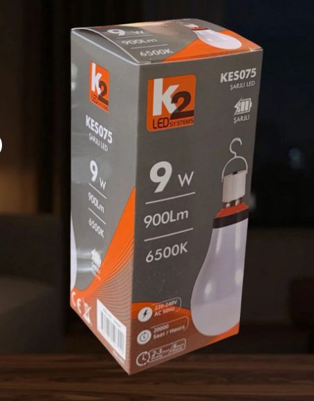 K2 Led Şarjlı Ampul E27 9W Beyaz  Kes075Led Ampuller