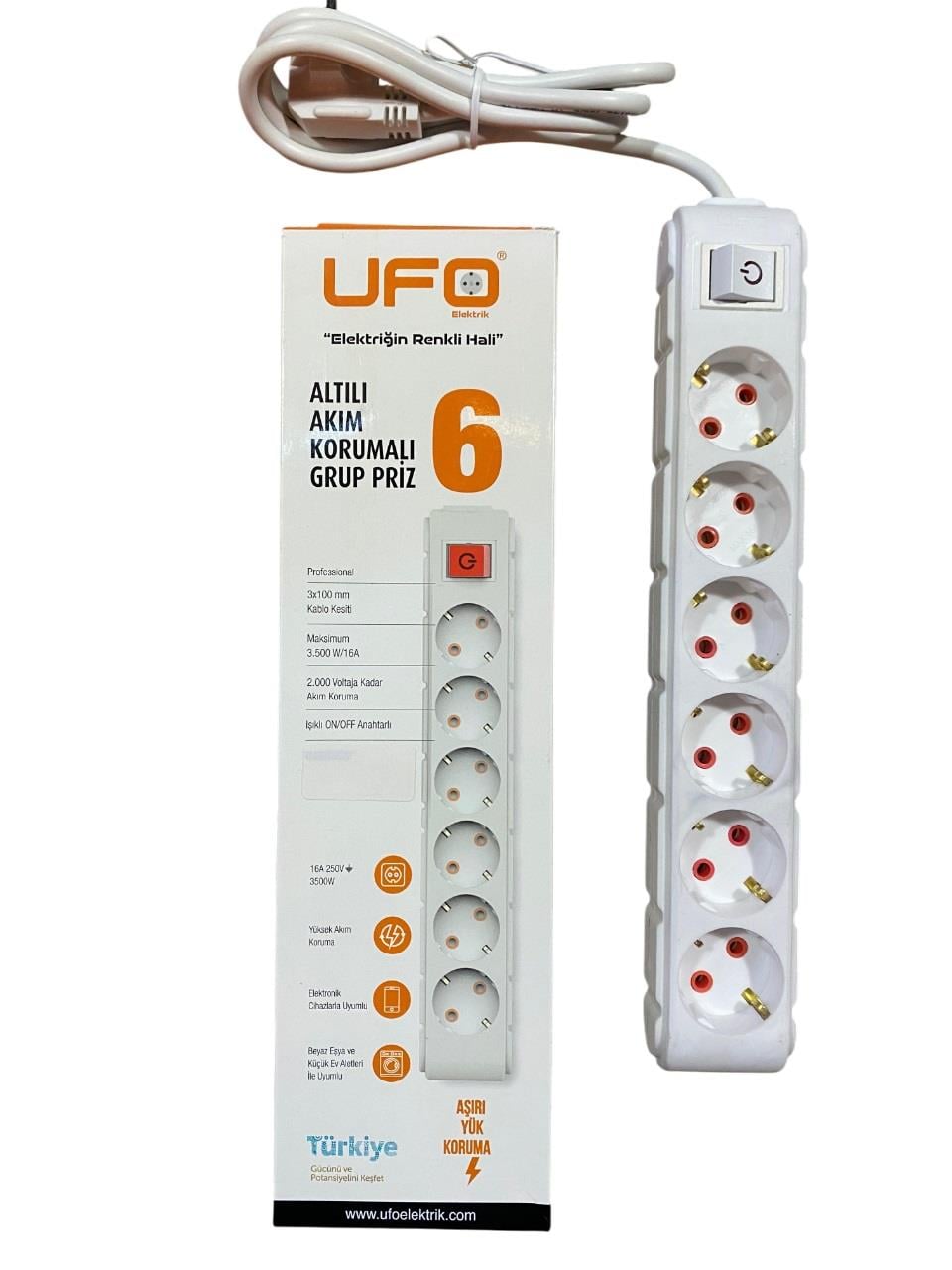 Ufo Elektrik Altılı Akım Korumalı Grup Priz 1.5MT 6'lı 3500WPriz & Anahtar Çeşitleri