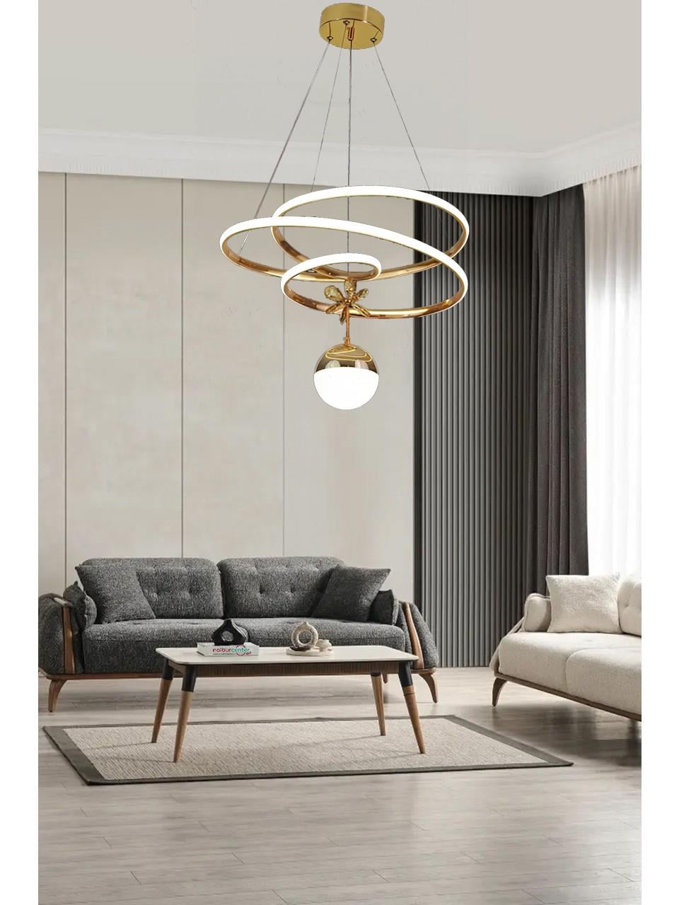 Eylül XL Boy Tek Toplu Gold Sarkıt Led Avize 3 Renk Işık KumandasızLed Avizeler