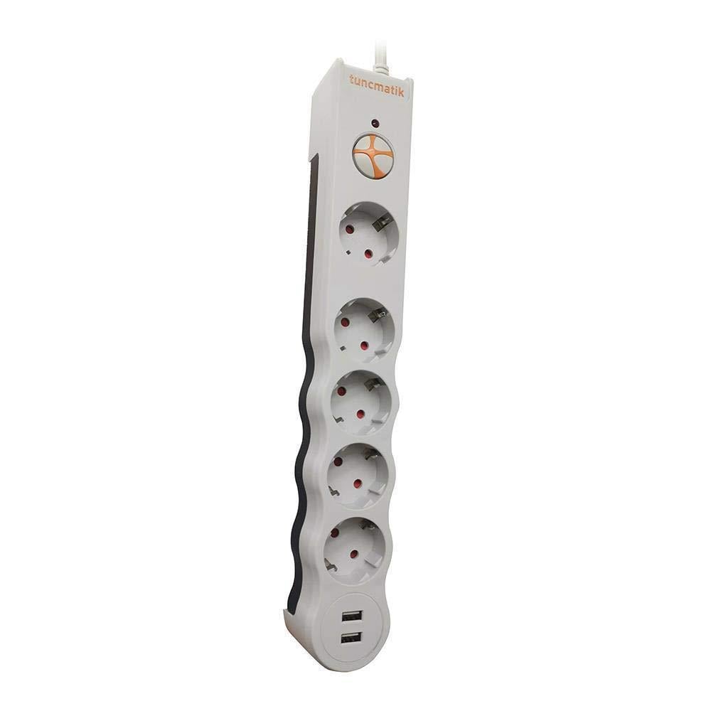 Tunçmatik TSK5015 Enerji Koruma Powersurge Beşli Beyaz Priz 1.5MT Kablo + 2 USB 1050 JoulePriz & Anahtar Çeşitleri
