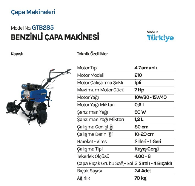 Factor Çapa Makinası Benzinli Kayışlı GTB285Benzinli Modeller
