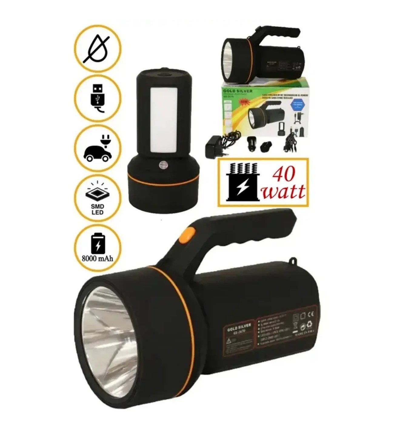 Gold GS-2671 Silver Şarjlı Florasanlı 40 Watt Kamp-Avcılık-Balıkçılık El Feneri El Fenerleri