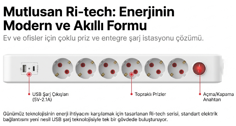 Mutlusan Ri-Tech Altılı Usb+Type-C Grup Priz Ç.K Klemensli Priz & Anahtar Çeşitleri