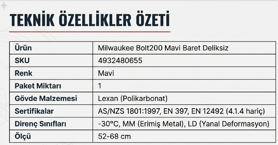 Milwaukee Bolt200 Mavi Baret Deliksiz 4932480655Baretler