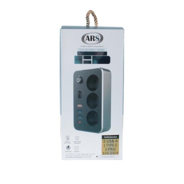 Ars 348763 Termal 3Lü Akım Korumalı Priz 2 Metre Kablo 2x Usb 1x Type-CPriz & Anahtar Çeşitleri