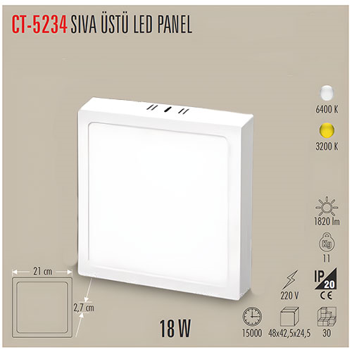 Cata Led Panel S/Ü Kare 18W Beyaz CT-5234BLed Panel Armatürler
