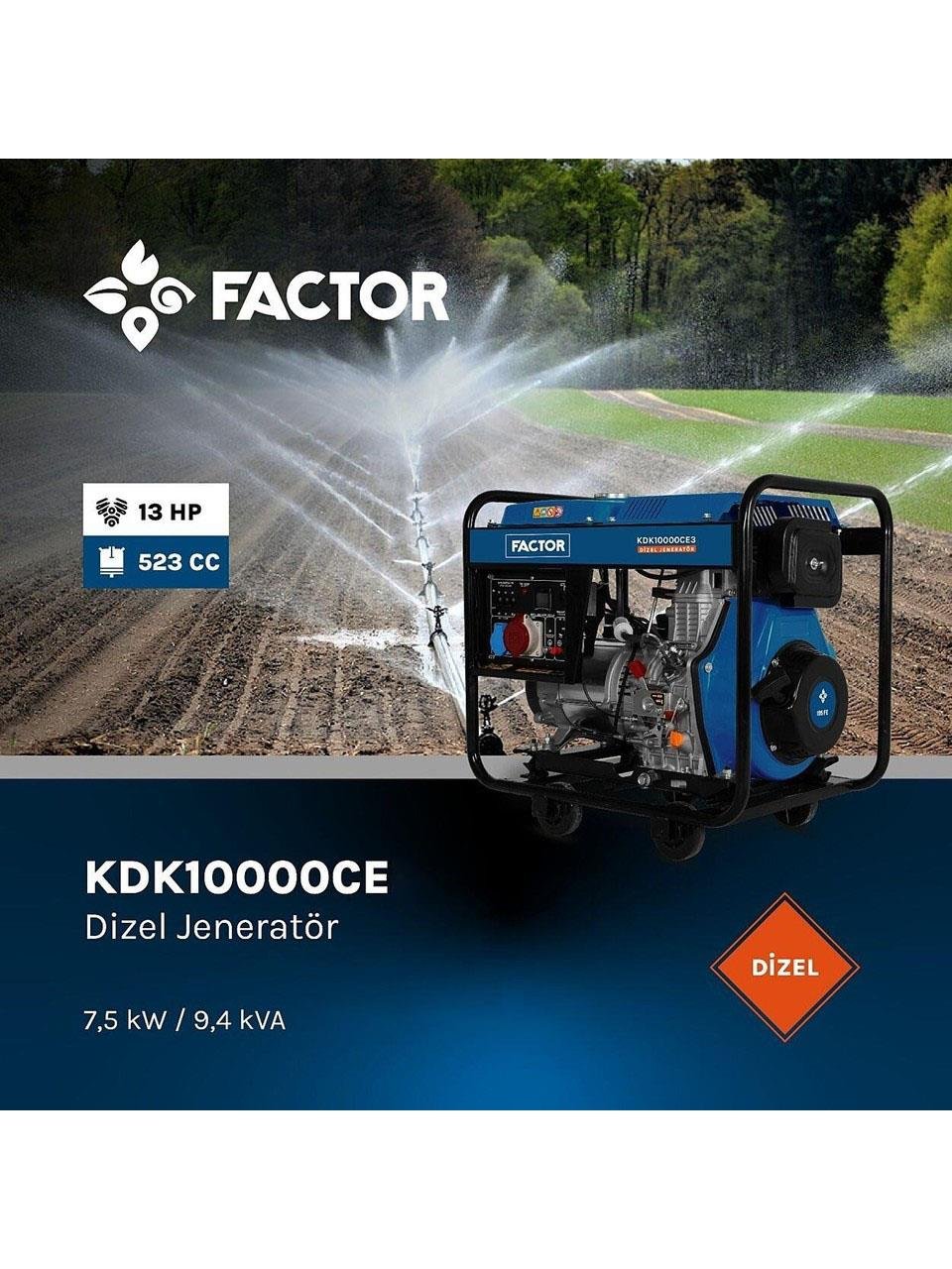 Factor KDK10000CE Dizel Jeneratör 9.4 KVA İpli ve Marşlı MonofazeDizel Jeneratörler