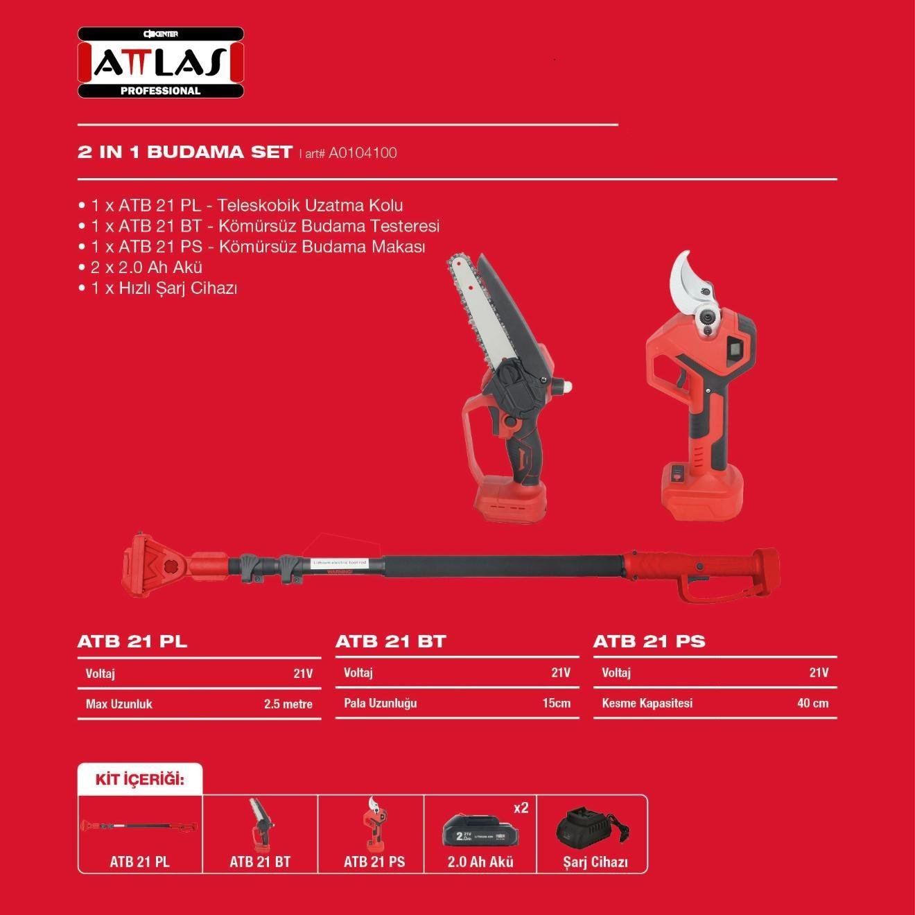 Attlas ATB 21 3'lü Bahçe Seti (Teleskobik Sap + Budama Testeresi + Budama Makası) A0104100Budama Testereleri
