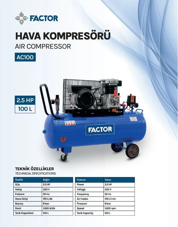 Factor Hava Komprasörü 100 Lt Z-0.17/8-100Kompresörler