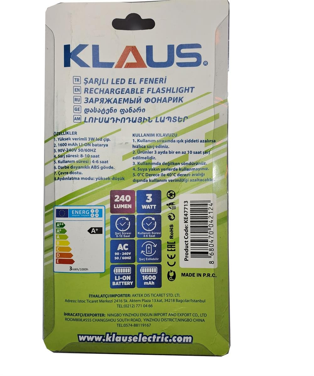 Klaus Şarjlı Led El Feneri KE47713El Fenerleri