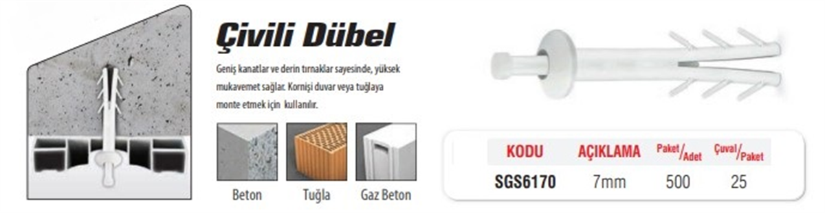 SGS Çivili Dübel 7mm (500 Adet) SGS6170Kroşe ve Dübeller