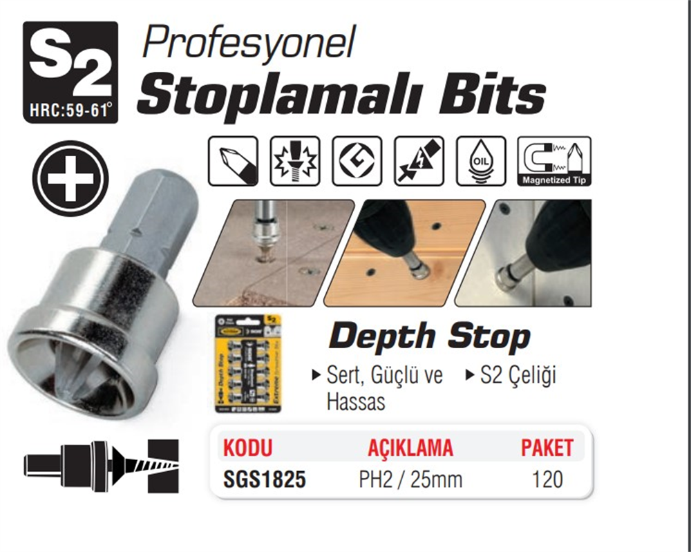 Sgs Öztürk Bits Uç Stoplamalı Ph2x25 Mm (1 Adet) SGS1825Matkap Uçları