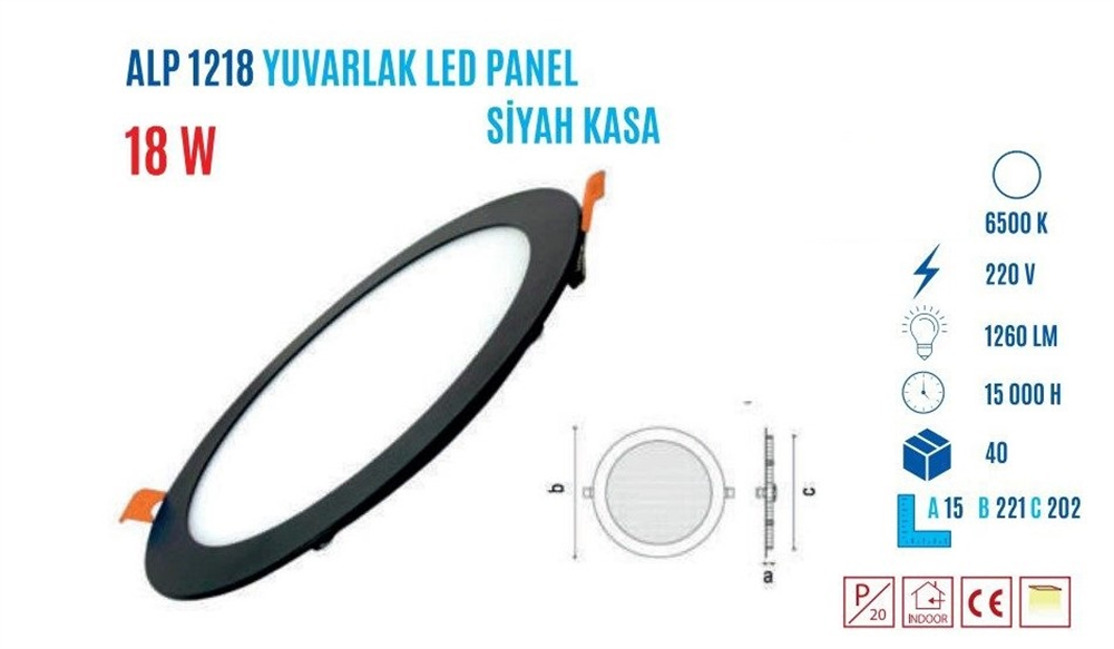 Ycl Led Panel 18W Beyaz Renk Siyah Kasa ALP-1218Led Panel Armatürler