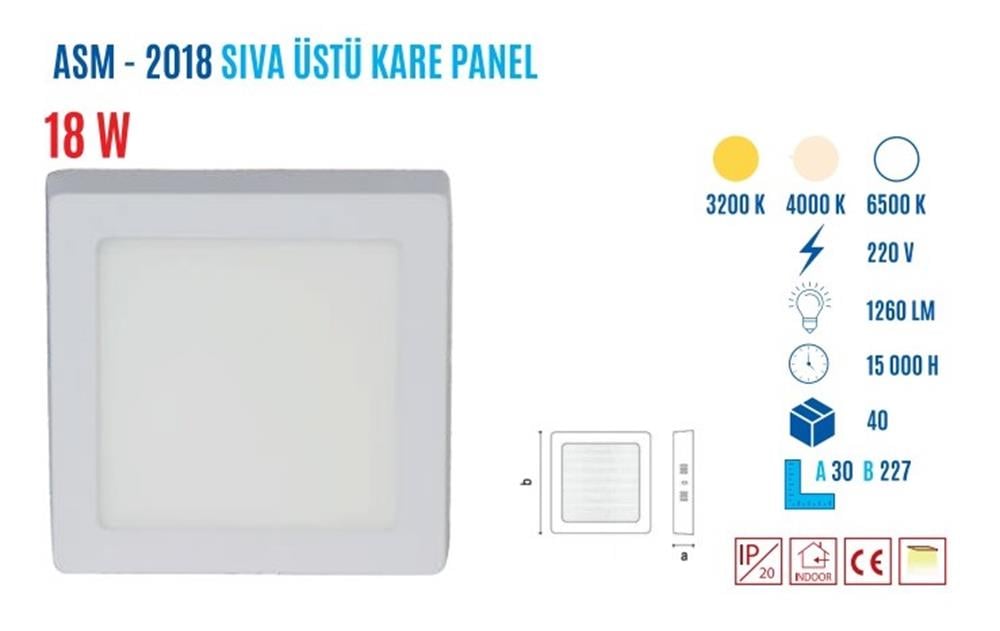YCL YSM-2018B 18W Sıvaüstü Kare Beyaz Led PanelLed Panel Armatürler
