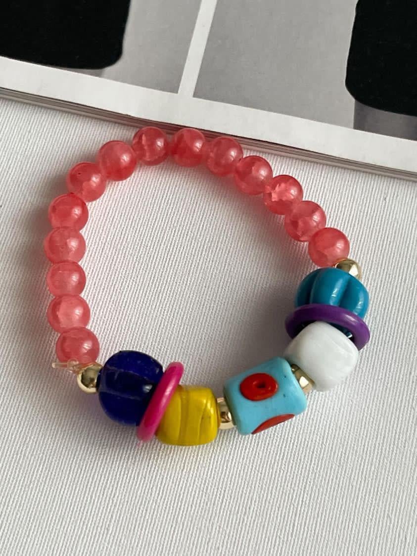 Cam Nazar Boncuklu Gül Kurusu Lastikli Summer Bileklik 