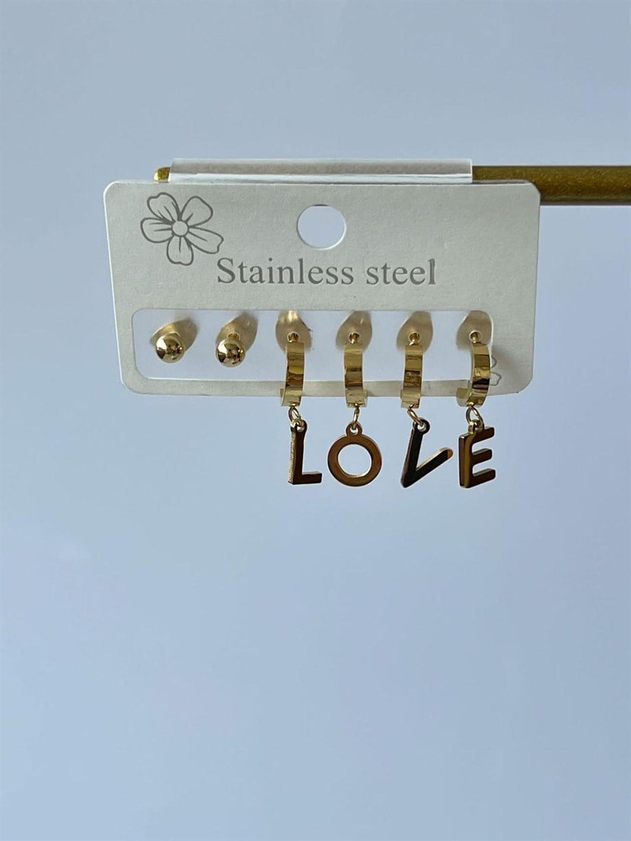 Çelik Altılı Love Küpe Seti 
