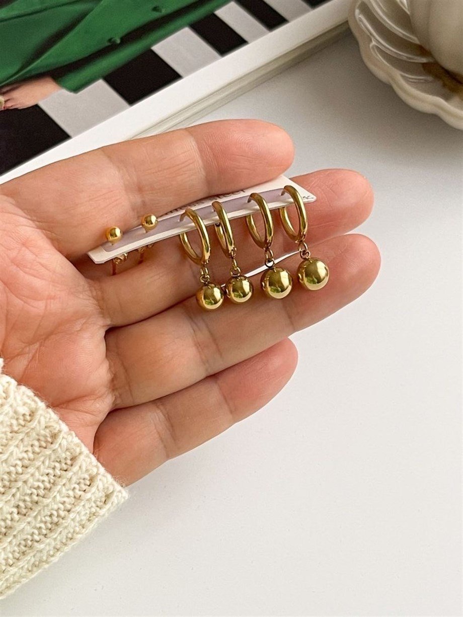 Çelik Altılı Topçuklu Küpe Seti (2 Cm)