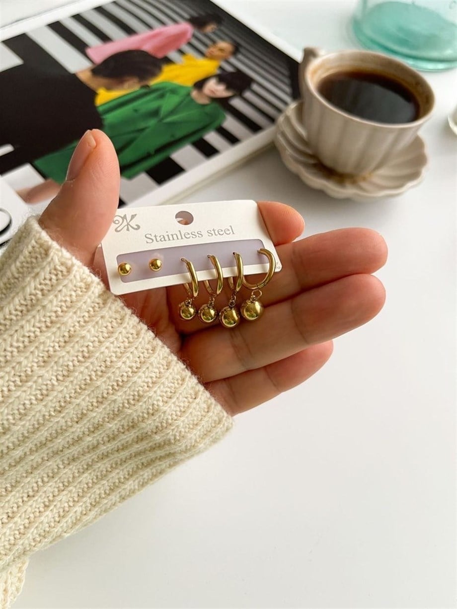 Çelik Altılı Topçuklu Küpe Seti (2 Cm)