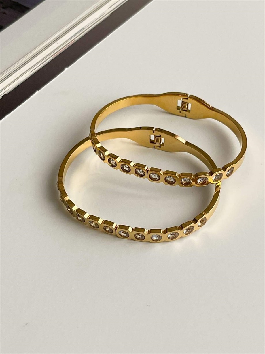 Çelik Baget Taşlı Kelepçe Bileklik (6.5 Cm)