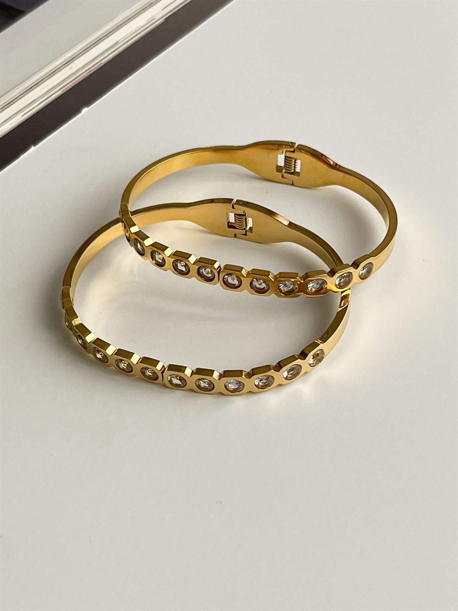 Çelik Baget Taşlı Kelepçe Bileklik (6.5 Cm)