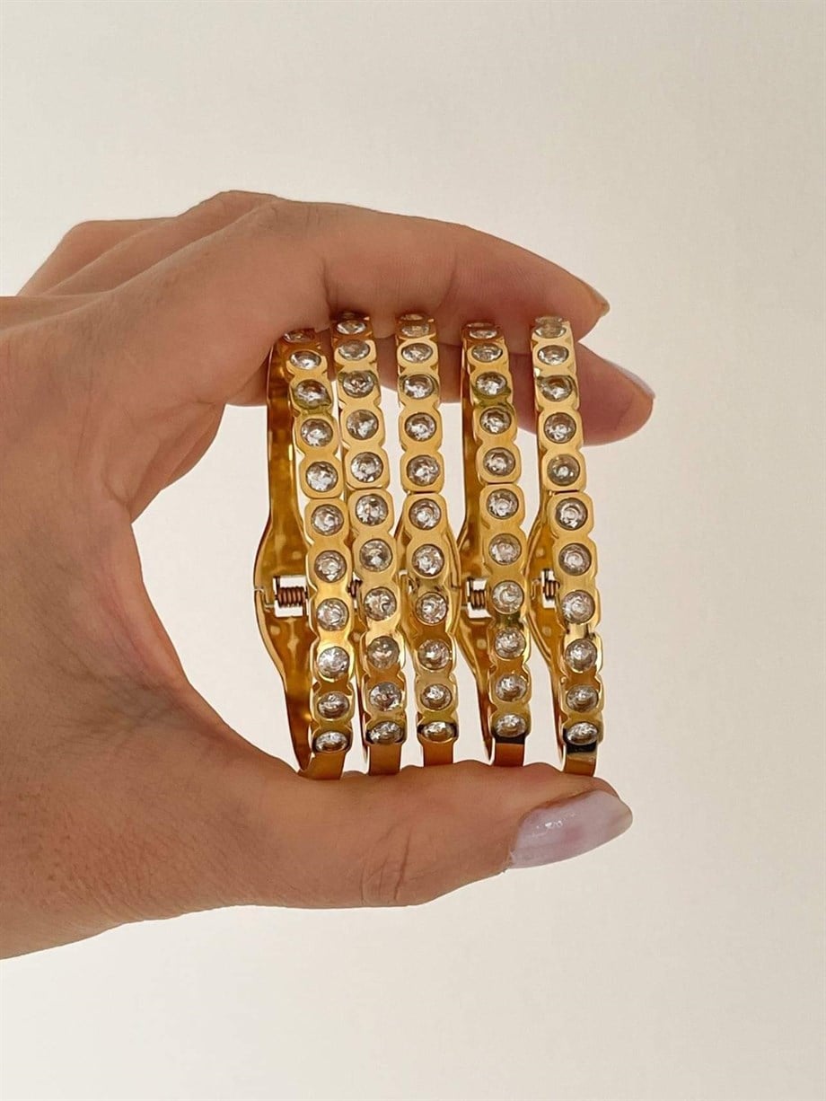 Çelik Baget Taşlı Kelepçe Bileklik (6.5 Cm)