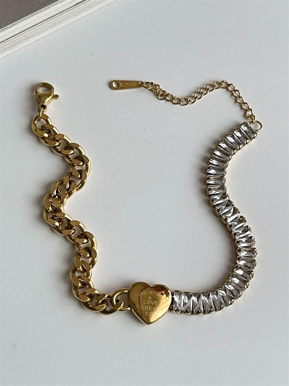 Çelik Baget Taşlı Love Kalpli Bileklik (24 Cm)
