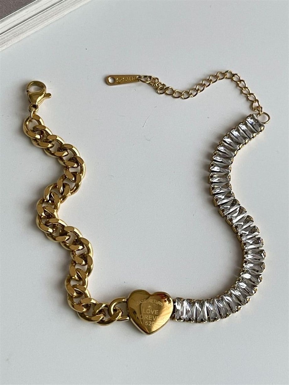 Çelik Baget Taşlı Love Kalpli Bileklik (24 Cm)