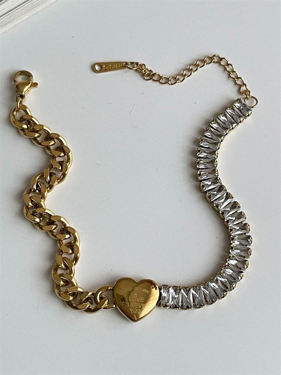 Çelik Baget Taşlı Love Kalpli Bileklik (24 Cm)
