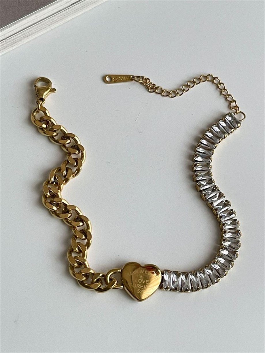 Çelik Baget Taşlı Love Kalpli Bileklik (24 Cm)